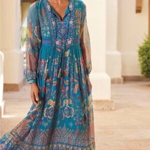 Soft Surroundings Bohemian Teal Floral Maxi Dress Gorgeous Beaded Embroidery